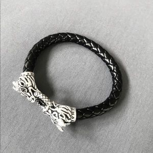 925 Sterling Silver Dragon Heads Leather Bracelet